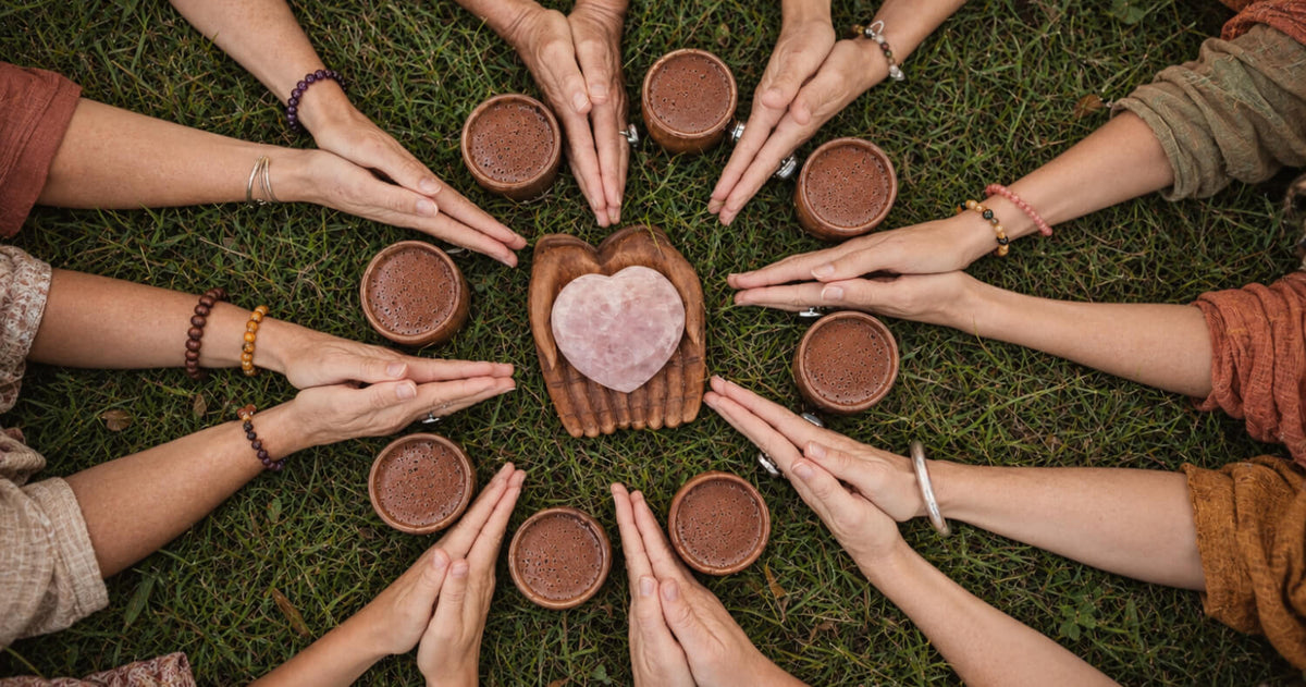 Sacred Earth Prayers for your cacao rituals - hands in prayer around a cacao altar