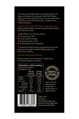 The back of the Sacred Earth Medicine Ceremonial Cacao 100g block showing the ingredients, nutritional panel and barcode.