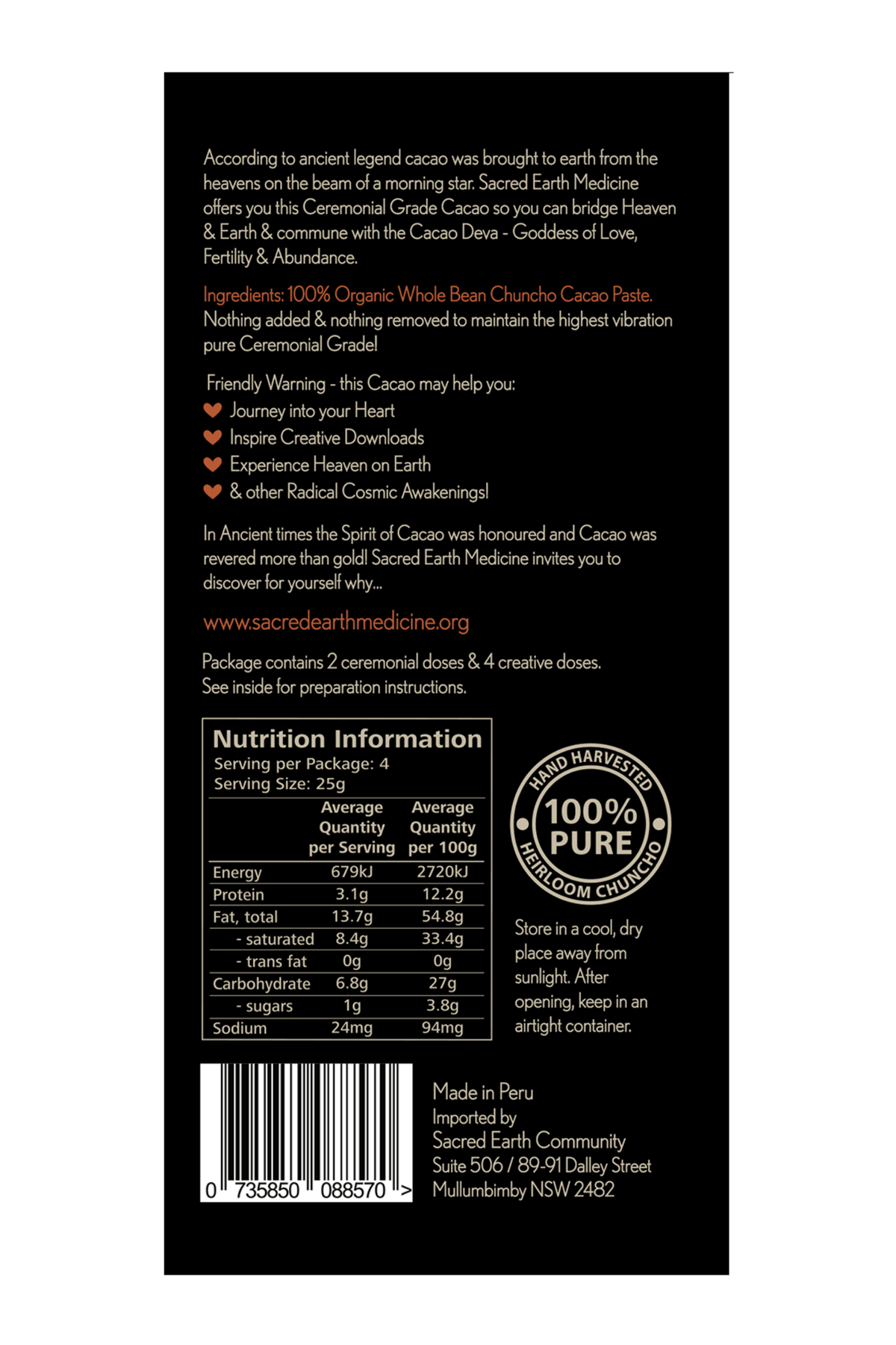 The back of the Sacred Earth Medicine Ceremonial Cacao 100g block showing the ingredients, nutritional panel and barcode.