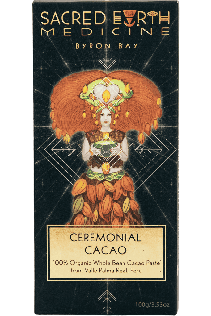 The front of the Sacred Earth Medicine Ceremonial Cacao 100g block showing the Cacao Deva in her full glory steeped in  sacred geometry symbolism. This pack contains 4 creative doses and 2 ceremonial doses.