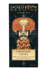 The front of the Sacred Earth Medicine Ceremonial Cacao 100g block showing the Cacao Deva in her full glory steeped in  sacred geometry symbolism. This pack contains 4 daily doses and around 3 ceremonial doses.