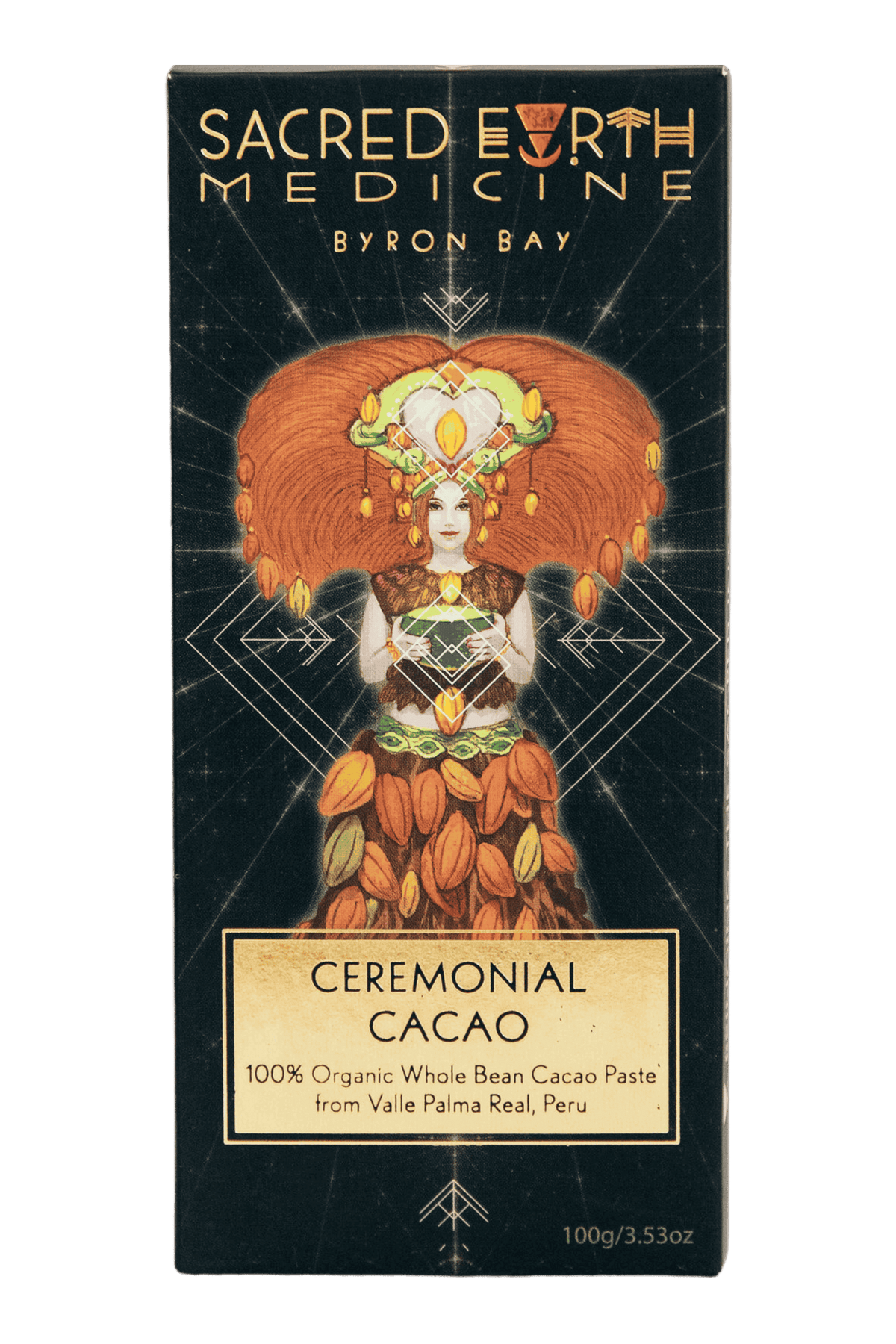 The front of the Sacred Earth Medicine Ceremonial Cacao 100g block showing the Cacao Deva in her full glory steeped in  sacred geometry symbolism. This pack contains 4 daily doses and around 3 ceremonial doses.