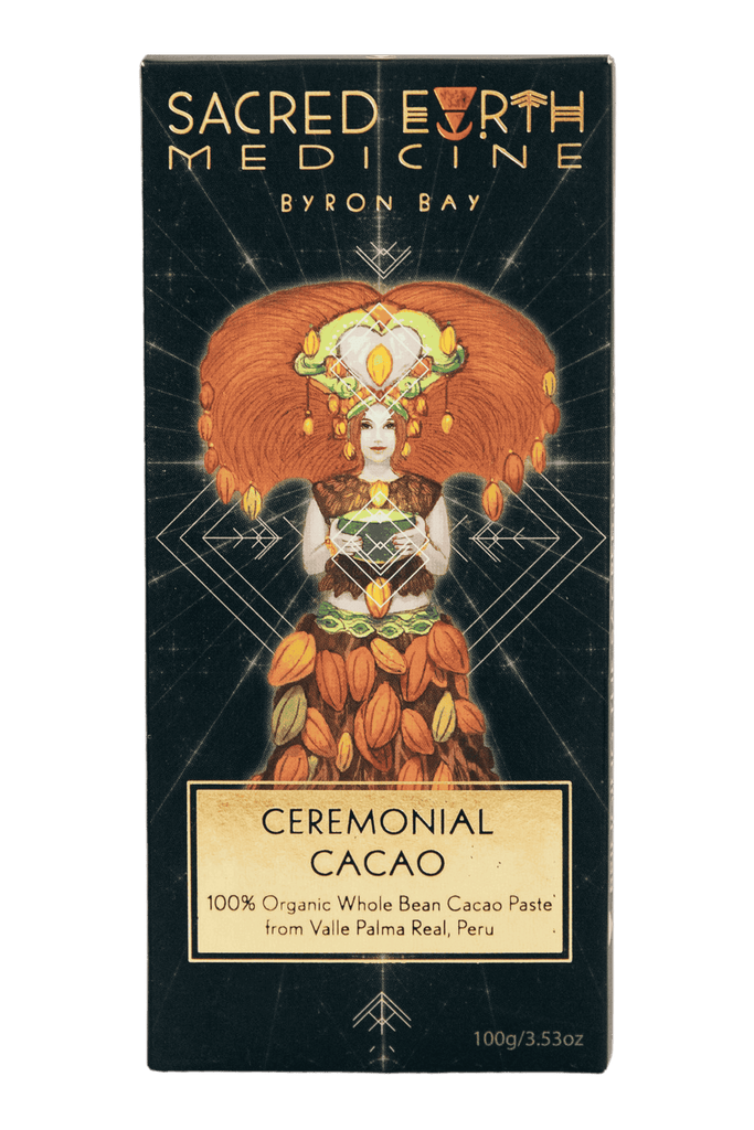 The front of the Sacred Earth Medicine Ceremonial Cacao 100g block showing the Cacao Deva in her full glory steeped in  sacred geometry symbolism. This pack contains 4 daily doses and around 3 ceremonial doses.