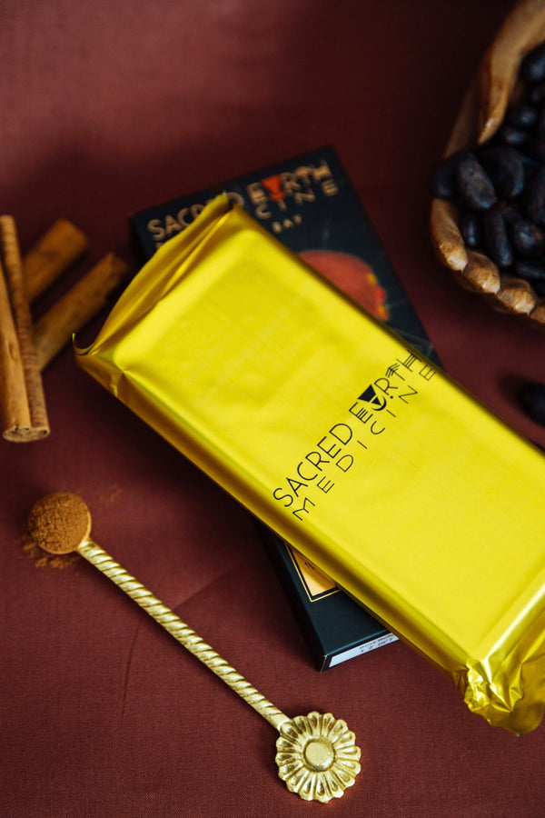 Inside the Sacred Earth Medicine 200g block is the 100% pure cacao wrapped in a gold foil insert sealed for freshness.