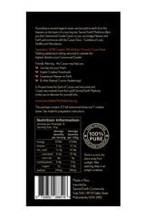 The back of the Sacred Earth Medicine Ceremonial Cacao 200g block showing the ingredients, nutritional panel and barcode.