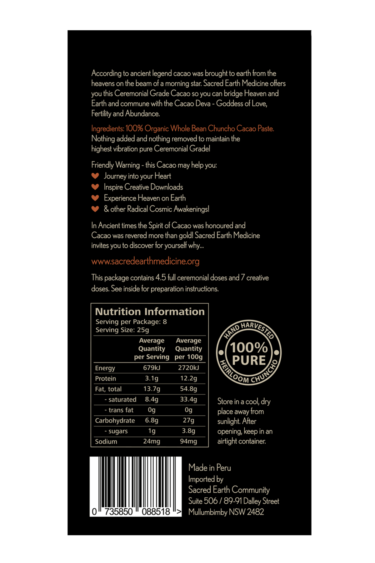 The back of the Sacred Earth Medicine Ceremonial Cacao 200g block showing the ingredients, nutritional panel and barcode.