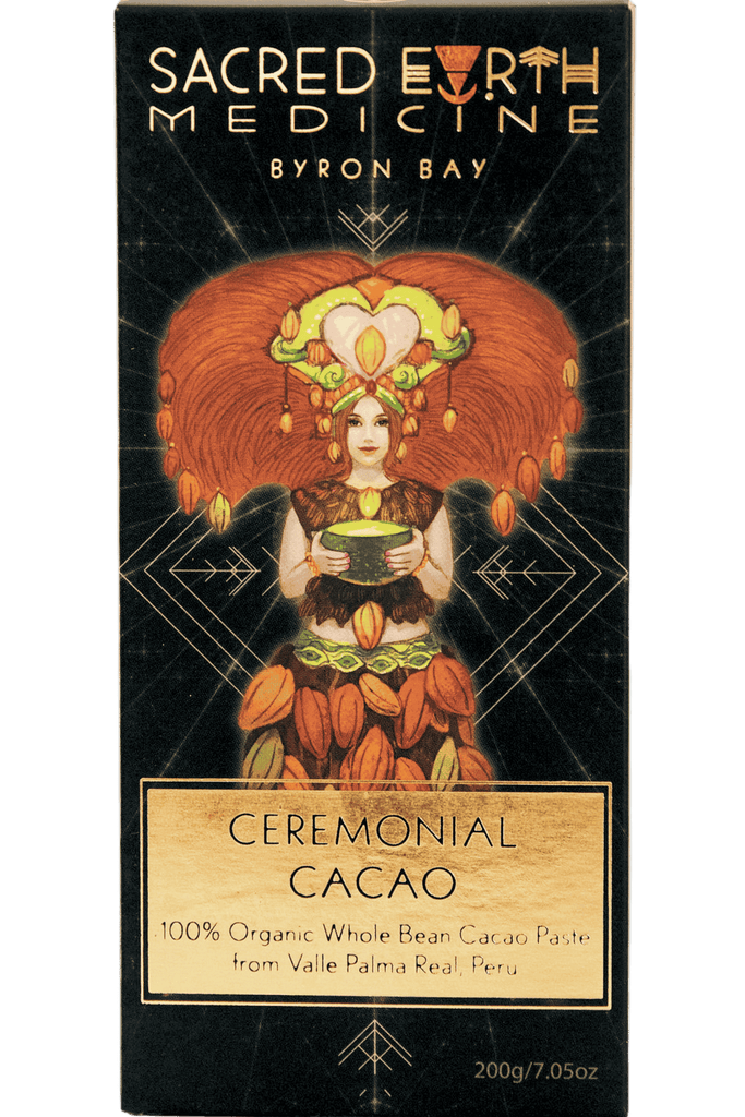 The front of the Sacred Earth Medicine Ceremonial Cacao 200g block showing the Cacao Deva in her full glory steeped in  sacred geometry symbolism. This pack contains 7 creative doses and around 4.5 ceremonial doses.