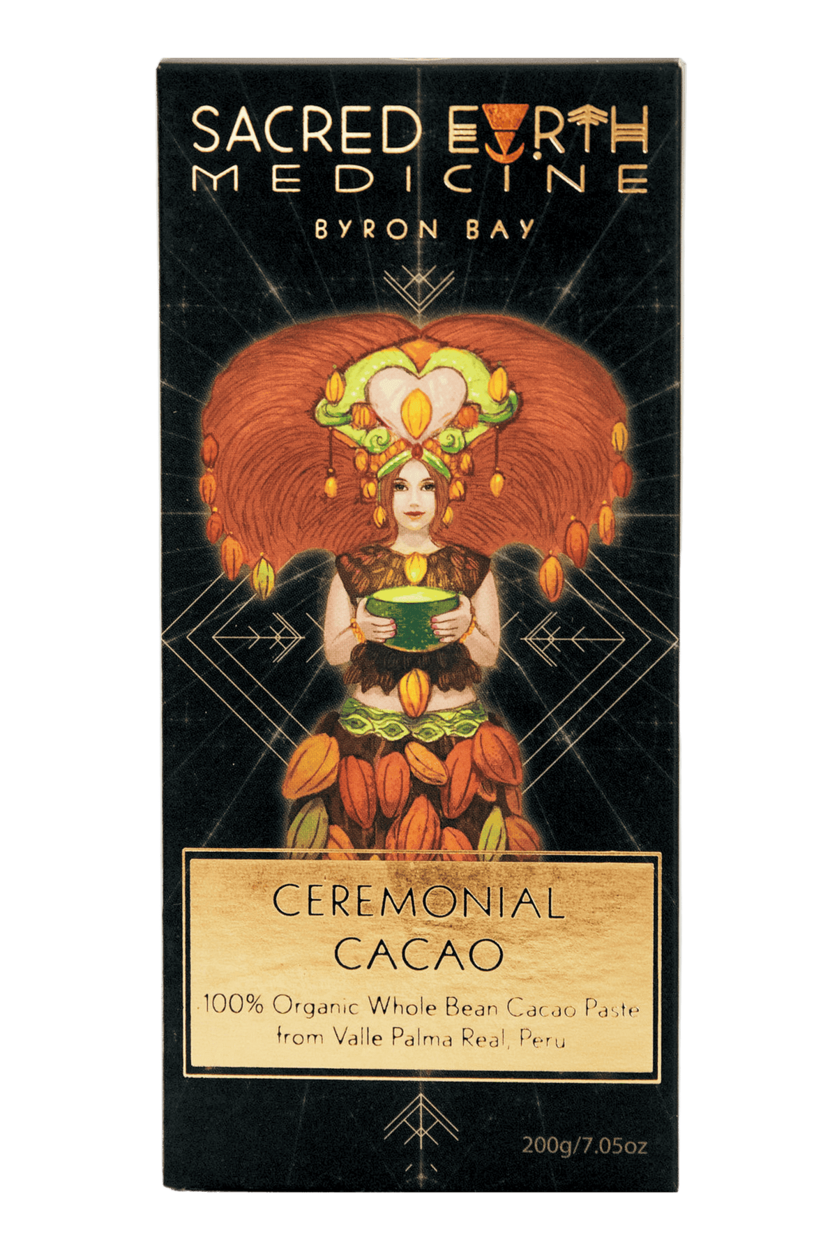 The front of the Sacred Earth Medicine Ceremonial Cacao 200g block showing the Cacao Deva in her full glory steeped in  sacred geometry symbolism. This pack contains 8 daily doses and around 5.7 ceremonial doses.