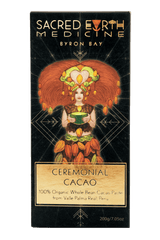 The front of the Sacred Earth Medicine Ceremonial Cacao 200g block showing the Cacao Deva in her full glory steeped in  sacred geometry symbolism. This pack contains 8 daily doses and around 5.7 ceremonial doses.