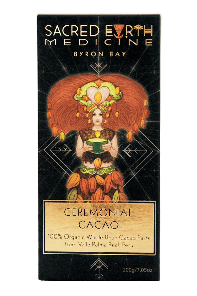 The front of the Sacred Earth Medicine Ceremonial Cacao 200g block showing the Cacao Deva in her full glory steeped in  sacred geometry symbolism. This pack contains 8 daily doses and around 5.7 ceremonial doses.