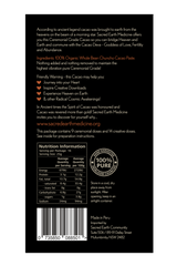 Back of the Sacred Earth Medicine Ceremonial Cacao 400g block including the nutritional panel and barcode