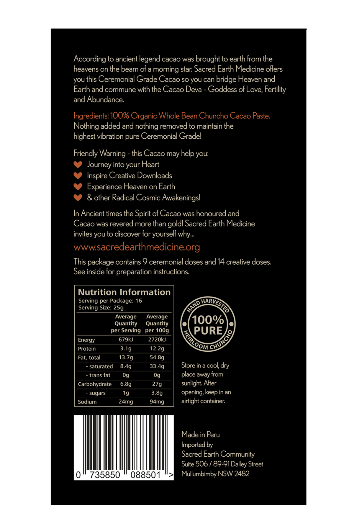 Back of the Sacred Earth Medicine Ceremonial Cacao 400g block including the nutritional panel and barcode