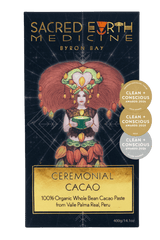 The front of the Sacred Earth Medicine Ceremonial Cacao 400g block showing the Cacao Deva in her full glory steeped in  sacred geometry symbolism. This pack contains 14 creative doses and 9 ceremonial doses. Winner of the Clean & Conscious Awards 2023, 2024 & 2025!
