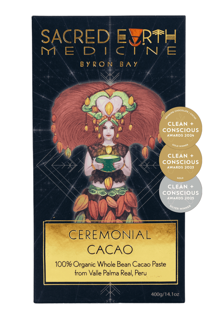 The front of the Sacred Earth Medicine Ceremonial Cacao 400g block showing the Cacao Deva in her full glory steeped in  sacred geometry symbolism. This pack contains 14 creative doses and 9 ceremonial doses. Winner of the Clean & Conscious Awards 2023, 2024 & 2025!