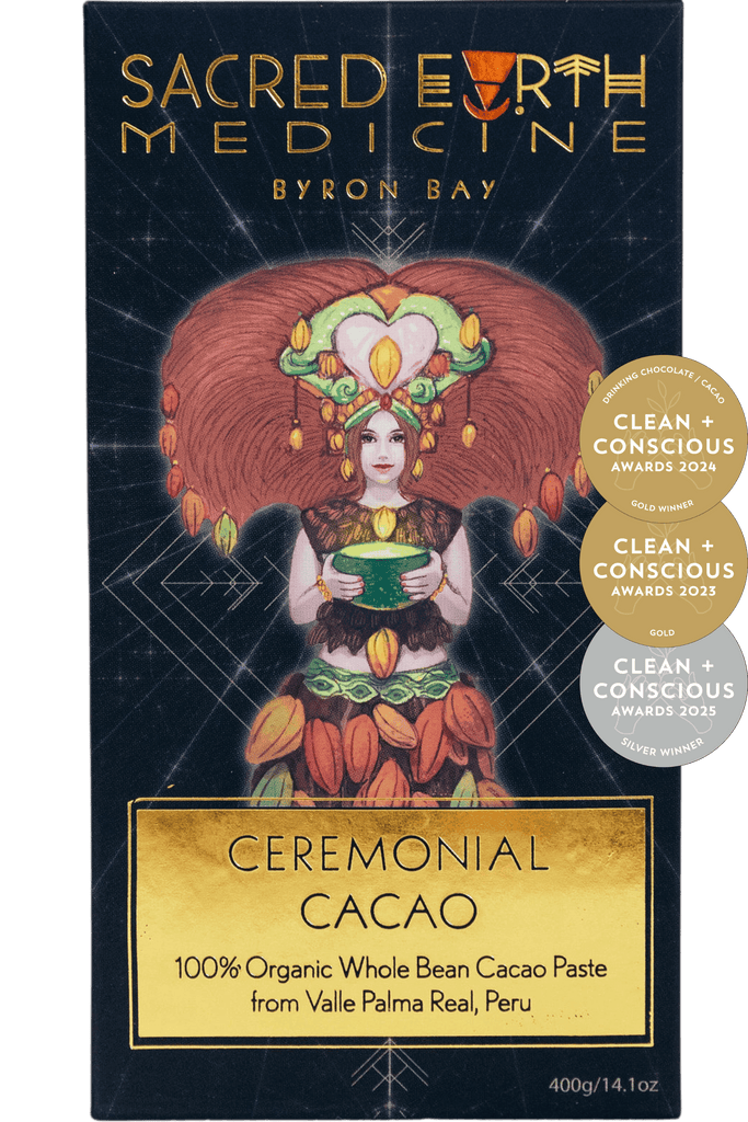 The front of the Sacred Earth Medicine Ceremonial Cacao 400g block showing the Cacao Deva in her full glory steeped in  sacred geometry symbolism. This pack contains 14 creative doses and 9 ceremonial soses. Winner of the Clean & Conscious Awards 2023, 2024 & 2025!