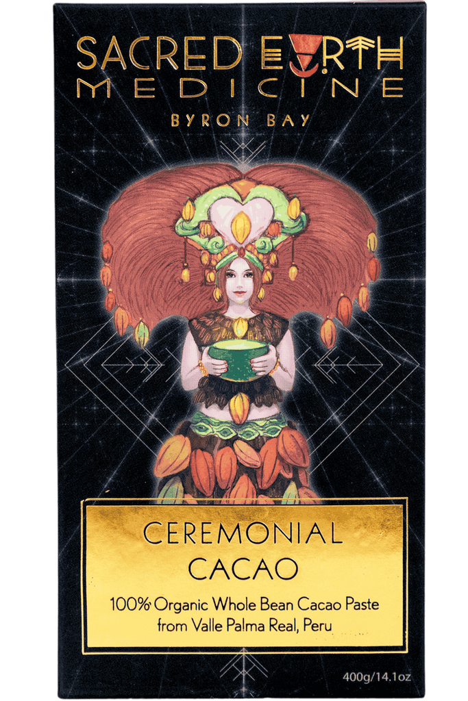 The front of the Sacred Earth Medicine Ceremonial Cacao 400g block showing the Cacao Deva in her full glory steeped in  sacred geometry symbolism. This pack contains 14 creative doses and 9 ceremonial soses. 