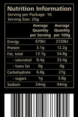 Sacred Earth Medicine Ceremonial Cacao Nutrition information Panel. With almost 55% cacao butter, SEM cacao really retains all the medicinal and spiritual properties needed for use in ceremony and cacao practitioner work.