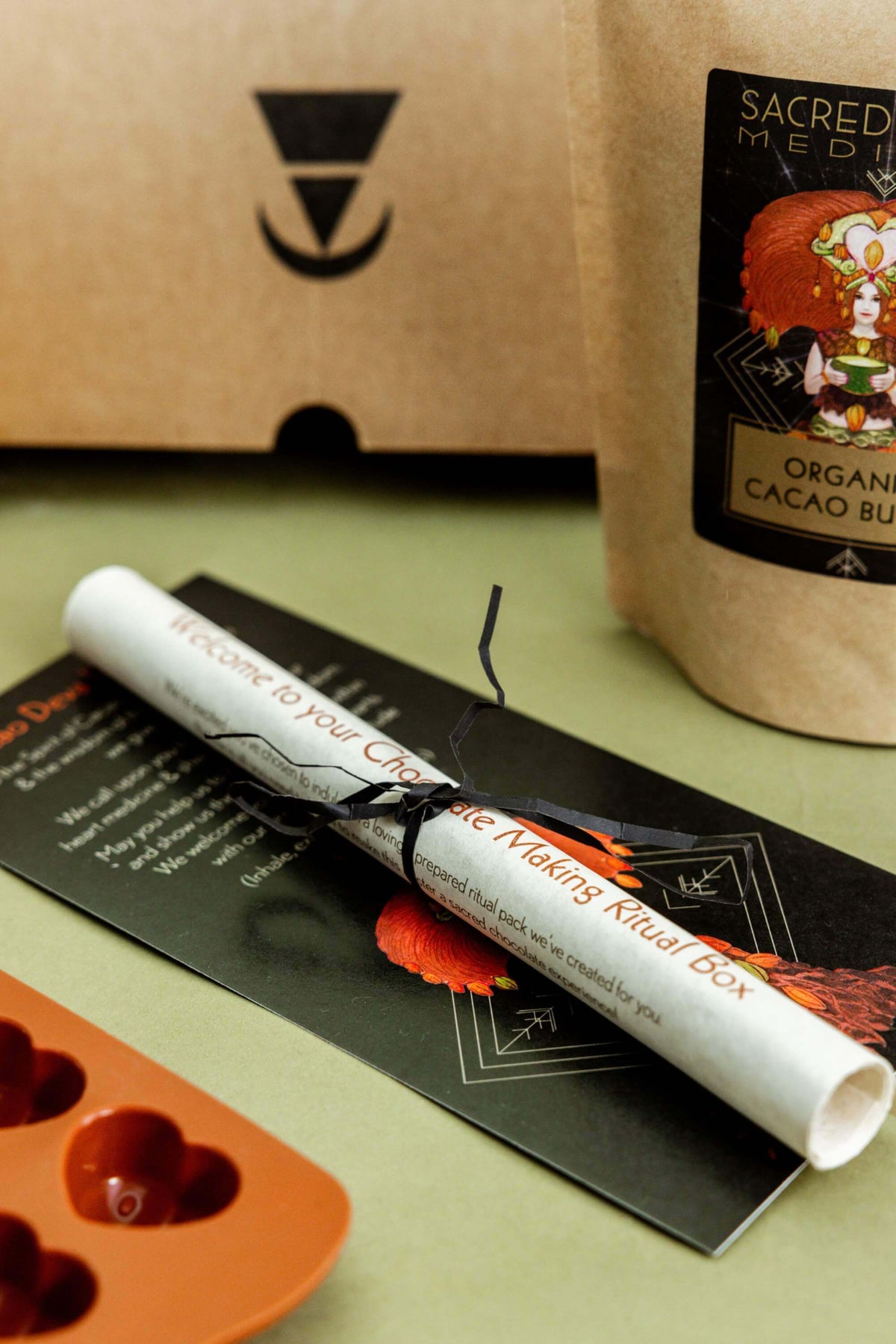 The preparation scroll and card that walks you through, step-by-step to make delicious sacred heart chocolates ans consume them consciously in a ritual.