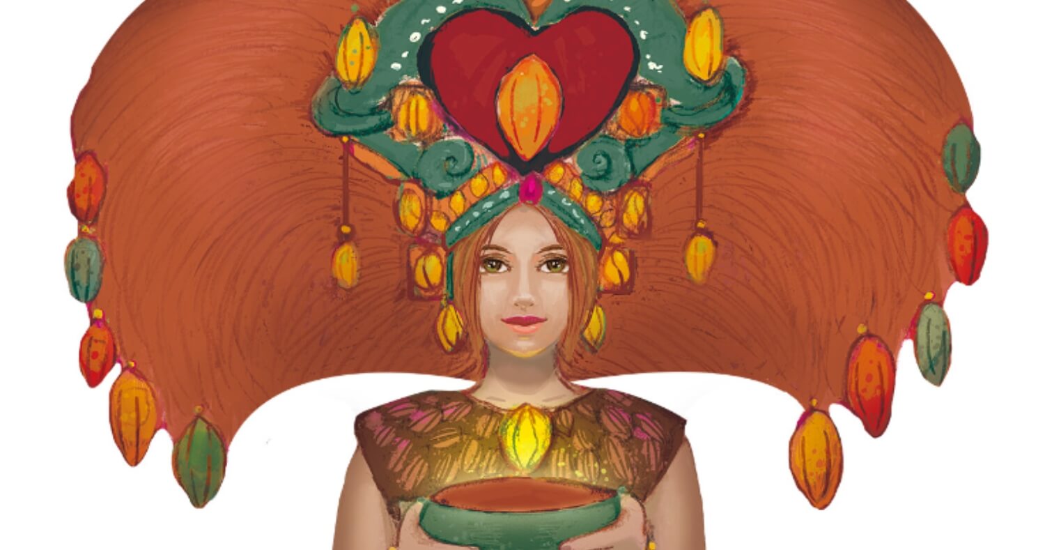 What is Ceremonial Cacao? Goddess of Cacao - IxCacao -holding a vessel of a Ceremonial Cacao drink